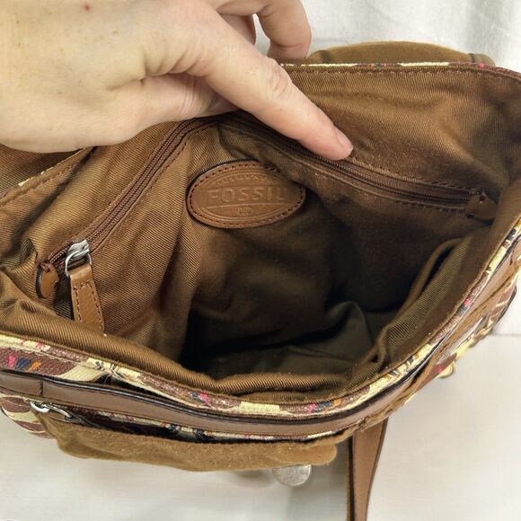 Rare Fossil Vintage Bird Print Canvas Messenger Turn Lock Bag Handle Crossbody - Picture 9 of 12